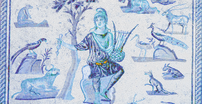 inverted colour image of Orpheus - roman mozaic