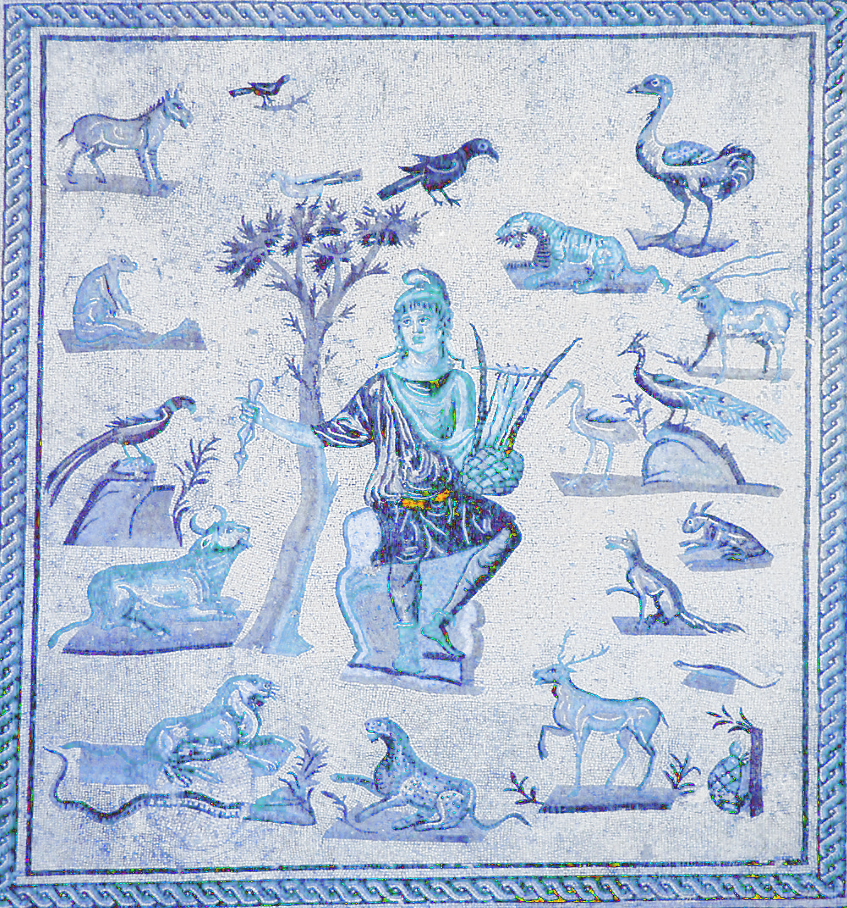 inverted colour image of Orpheus - roman mozaic